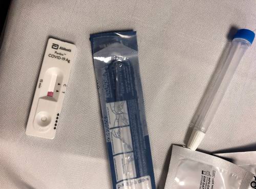 A COVID-19 rapid test pending its result, as the strip absorbs the sample. After 15 minutes, one narrow line indicates a negative result, while two lines suggest the presence of the coronavirus. (Daniel Crump/ Winnipeg Free Press Files)