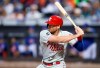 FILE - In this Sept. 7, 2019, file photo, Philadelphia Phillies' Brad Miller bats during the first inning of the team's baseball game against the New York Mets in New York. Miller and the St. Louis Cardinals agreed to a $2 million, one-year contract Wednesday, Feb. 12, 2020, a deal that includes $500,000 in available performance bonuses. (AP Photo/Mary Altaffer, File)