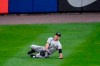 New York Yankees left fielder Brett Gardner fields a double by Toronto Blue Jays' Cavan Biggio during the first inning of a baseball game in Buffalo, N.Y., Monday, Sept. 7, 2020. (AP Photo/Adrian Kraus)