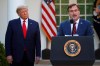 FILE - In this March 30, 2020 file photo, My Pillow CEO Mike Lindell speaks as President Donald Trump listens during a briefing about the coronavirus in the Rose Garden of the White House, in Washington. Lindell, an avid supporter of President Donald Trump, who has continued to push the notion of election fraud since Trump lost to Joe Biden in the presidential election in Novembers, said his products will no longer be carried in the stores of some retailers, including Bed Bath & Beyond and Kohl's. (AP Photo/Alex Brandon, File)