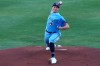 Toronto Blue Jays Nate Pearson throws a pitch to Miami Marlins' Jonathan Villar during the first inning of a baseball game, Wednesday, Aug. 12, 2020, in Buffalo, N.Y. (AP Photo/Jeffrey T. Barnes)