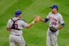 New York Mets relief pitcher Edwin Diaz (39) celebrates with catcher Wilson Ramos (40) after closing the seventh inning of the first baseball game of a doubleheader against the New York Yankees, Friday, Aug. 28, 2020, in New York. (AP Photo/John Minchillo)