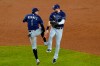 Tampa Bay Rays shortstop Willy Adames (1) and center fielder Kevin Kiermaier celebrate after the Rays defeated the New York Yankees 5-2 in a baseball game, Wednesday, Sept. 2, 2020, at Yankee Stadium in New York. (AP Photo/Kathy Willens)
