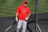 Los Angeles Angelsl Mike Trout takes batting practice before a baseball game between the Oakland Athletics and the Angels in Oakland, Calif., Friday, July 24, 2020. (AP Photo/Jeff Chiu)