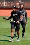 Chicago White Sox's Tim Anderson, left, laughs with Jarrod Dyson before a baseball workout in Oakland, Calif., Monday, Sept. 28, 2020. The White Sox are scheduled to play the Oakland Athletics in an American League wild-card playoff series starting Tuesday. (AP Photo/Jeff Chiu)