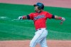 Cleveland Indians' Jose Ramirez watches his double off Pittsburgh Pirates relief pitcher Nik Turley during the seventh inning of a baseball game in Cleveland, Sunday, Sept. 27, 2020. (AP Photo/Phil Long)