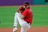 Cleveland Indians starting pitcher Mike Clevinger delivers in the first inning in a baseball game against the Minnesota Twins, Wednesday, Aug. 26, 2020, in Cleveland. (AP Photo/Tony Dejak)