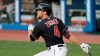 Cleveland Indians' Bradley Zimmer hits a double in the third inning during a preseason baseball game against the Pittsburgh Pirates, Monday, July 20, 2020, in Cleveland. (AP Photo/Tony Dejak)