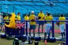 An inflatable boxing kangaroo is placed on a fence as members of the Australian women's softball team gather for a training session at the Azuma Baseball Stadium ahead of the 2020 Summer Olympics, Tuesday, July 20, 2021, in Fukushima, Japan. (AP Photo/Jae C. Hong)