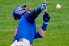 Chicago Cubs' Ian Happ fouls a pitch from Pittsburgh Pirates starting pitcher JT Brubaker off his head during the fourth inning the team's baseball game in Pittsburgh, Thursday, Sept. 3, 2020. Happ was examined by a team trainer and left the game. (AP Photo/Gene J. Puskar)