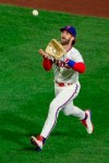 Philadelphia Phillies right fielder Bryce Harper (3) catches a fly during the fourth inning of a baseball game, Saturday, Sept. 19, 2020, in Philadelphia. (AP Photo/Laurence Kesterson)