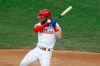 Philadelphia Phillies' Bryce Harper is hit by a pitch from Atlanta Braves' Sean Newcomb during the second inning of a baseball game, Monday, Aug. 10, 2020, in Philadelphia. (AP Photo/Matt Slocum)