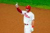 Philadelphia Phillies' Rhys Hoskins reacts after hitting a two-run double off Washington Nationals pitcher Wander Suero during the seventh inning of a baseball game, Monday, Aug. 31, 2020, in Philadelphia. (AP Photo/Matt Slocum)