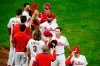 Philadelphia Phillies players celebrate after a baseball game against the Washington Nationals, Monday, Aug. 31, 2020, in Philadelphia. (AP Photo/Matt Slocum)