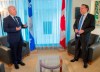 Federal Conservative Leader Erin O'Toole, left, and Quebec Premier Francois Legault get set to start their meeting in Montreal, Monday, Sept. 14, 2020. THE CANADIAN PRESS/Ryan Remiorz