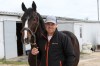 Trainer Ryan Desjarlais and horse Eaglebine. Desjarlais won his third race in six starts so far this season. (Shannon VanRaes / Winnipeg Free Press)