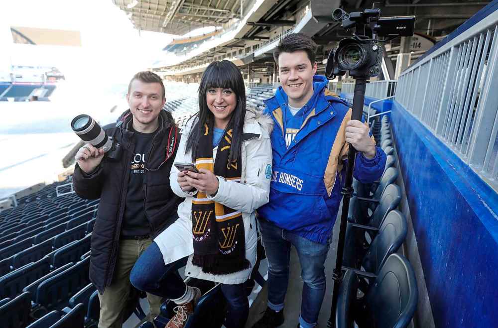 RUTH BONNEVILLE  /  WINNIPEG FREE PRESS 
From left, Sam Calvert, Social Media Coordinator for Valour FC, Rhéanne Marcoux, Creative Director Valour FC and the Winnipeg Blue Bombers and Riley Marra, Digital Media Manager for the Blue Bombers.