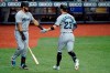 Miami Marlins' Corey Dickerson (23) celebrates his solo home run off Tampa Bay Rays' Josh Fleming with on-deck batter Jorge Alfaro during the third inning of a baseball game Friday, Sept. 4, 2020, in St. Petersburg, Fla. (AP Photo/Chris O'Meara)