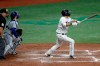 Tampa Bay Rays' Yoshitomo Tsutsugo, of Japan, right, watches his two-run home run off Toronto Blue Jays starting pitcher Hyun-Jin Ryu during the fifth inning of a baseball game Friday, July 24, 2020, in St. Petersburg, Fla. Following the play are Blue Jays catcher Danny Jansen (9) and home plate umpire Joe West. (AP Photo/Chris O'Meara)