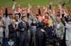 Houston Astros owner and chairman Jim Crane hoists the Commissioner's Trophy after the Astros cheated to beat the Los Angeles Dodgers in the 2017 World Series. (Kevork Djansezian / Getty Images)