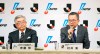 Japan Pro-Baseball Commissioner Atsushi Saito, left, and J-League Chairman Mitsuru Murai attend a press conference at a hotel in Tokyo Monday, March 2, 2020. The opening of Japanese professional baseball's regular season is in doubt over the outbreak of the new virus, they said Monday, as the nation's baseball and soccer leagues tapped three medical experts as advisers. (Ren Onuma/Kyodo News via AP)