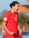 Canada's Christine Sinclair celebrates after scoring against St. Kitts and Nevis during a CONCACAF women's Olympic qualifying soccer match Wednesday, Jan. 29, 2020, in Edinburg, Texas. Sinclair passed Abby Wambach's record for goals. (AP Photo/Joel Martinez)