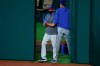 Texas Rangers manager Chris Woodward stands by the bullpen as pitchers prepare for an intrasquad baseball practice at Globe Life Field in Arlington, Texas, Friday, July 3, 2020. (AP Photo/Tony Gutierrez)