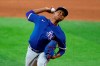 Texas Rangers pitcher Jose Leclerc throws to the plate during an intrasquad practice baseball game at Globe Life Field in Arlington, Texas, Monday, July 6, 2020. (AP Photo/Tony Gutierrez)