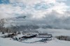 A view of the finish area after a women's alpine combined race was canceled due to heavy snowfall, at the alpine ski World Championships in Cortina d'Ampezzo, Italy, Monday, Feb. 8, 2021. (AP Photo/Gabriele Facciotti)