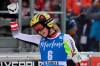 Austria's Nina Ortlieb celebrates at the finish area of an alpine ski, women's World Cup Super G, in La Thuile, Italy, Saturday, Feb. 29, 2020. (AP Photo/Alessandro Trovati)