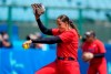 United States' Cat Osterman pitches during the softball game between Italy and the United States at the 2020 Summer Olympics, Wednesday, July 21, 2021, in Fukushima, Japan. (AP Photo/Jae C. Hong)