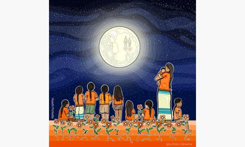 Hawlii Pichette Illustration
An illustration by Hawlii Pichette, an Indigenous artist from London, Ont.: The orange flowers represent the buried children who were brought to light earlier this year. The children looking up at the moon represent the present generation honouring the lives of survivors and those who did no survive. The two children in the moon represent the those who never made it home. They are letting us know they are together and that they know we haven't forgotten about them.