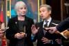 Minister of Health Patty Hajdu looks on as Foreign Affairs Minister Franois-Philippe Champagne esponds to a question as they speak with the media about the coronavirus, Wednesday January 29, 2020 in Ottawa. THE CANADIAN PRESS/Adrian Wyld