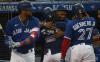 Steve Russell - Toronto Star
Blue Jay Bo Bichette, who homered in the fourth inning, gets a bear hug from teammate Teoscar Hernandez during Thursday night’s win over Cleveland.