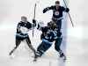 CP
Winnipeg Jets' Nikolaj Ehlers (27) celebrates his game-winning goal with teammates Connor Hellebuyck (37), Dylan DeMelo (2) and Logan Stanley (64) in the first overtime period during NHL Stanley Cup playoff action against the Edmonton Oilers, Sunday, May 23, 2021. (Fred Greenslade / The Canadian Press)