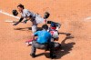 Miami Marlins' Miguel Rojas, left, reacts to getting hit by a pitch during the seventh inning of a baseball game, Sunday, July 26, 2020, in Philadelphia. (AP Photo/Chris Szagola)
