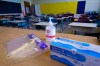 Personal protection equipment is seen on the teacher's desk in classroom in preparation for the new school year at the Willingdon Elementary School in Montreal, on Wednesday, August 26, 2020. THE CANADIAN PRESS/Paul Chiasson