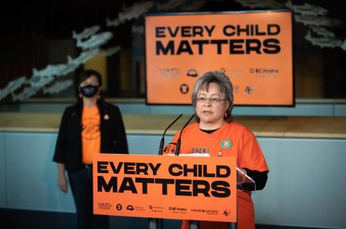 DARRYL DYCK - THE CANADIAN PRESS
Residential school survivor Phyllis Webstad, founder of Orange Shirt Day, speaks earlier this month after the B.C. Lions CFL football team announced it would recognize the first National Day for Truth and Reconciliation.