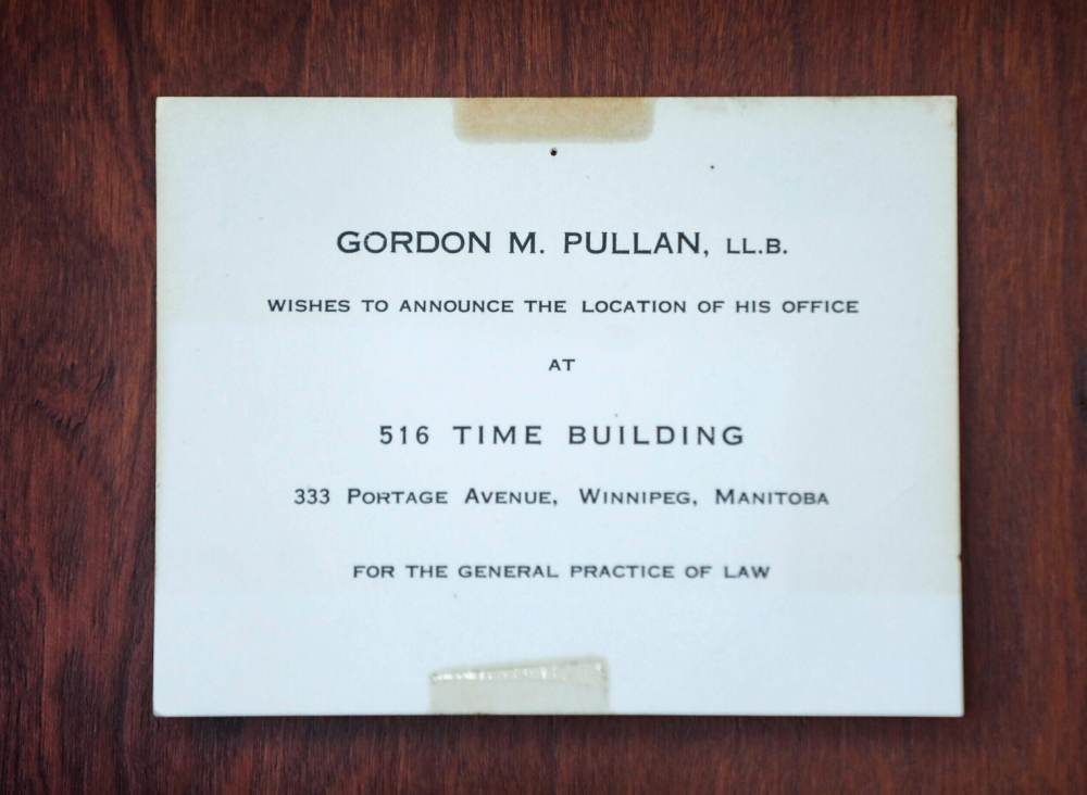 Ruth Bonneville
RUTH BONNEVILLE / WINNIPEG FREE PRESS 
Photo of the first printed sign that was on Pullan's office door when he opened his first office in late 1950's.