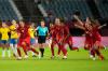 Andre Penner - AP
Canada's players celebrate winning 4-3 in a penalty shootout against Brazil during a women's quarterfinal soccer match at the 2020 Summer Olympics, Friday, July 30, 2021, in Rifu, Japan.
