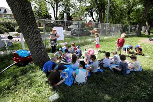 Students gather in the shade of a tree.