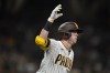 San Diego Padres' Jake Cronenworth reacts after hitting a three-run home run against the New York Mets during the fifth inning of a baseball game Wednesday, June 8, 2022, in San Diego. (AP Photo/Gregory Bull)