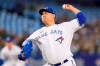 Toronto Blue Jays starting pitcher Hyun Jin Ryu (99) works against the Oakland Athletics during first inning MLB baseball action in Toronto, Saturday, April 16, 2022.&nbsp;Ryu is expected to miss the rest of the season due to an elbow injury. THE&nbsp;CANADIAN PRESS/Frank Gunn