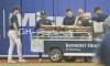 Tampa Bay Rays' Brett Phillps, left, looks on as manager Kevin Cash, right, consoles Manuel Margot after he crashed into the outfield wall chasing a RBI-triple hit by New York Yankees' Aaron Hicks during the ninth inning of a baseball game, Monday, June 20, 2022, in St. Petersburg, Fla. (AP Photo/Steve Nesius)