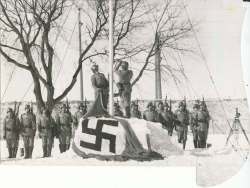Winnipeg Free Press Archives
Within the walls of Lower Fort Garry the Germans haul down the Union Jack and get ready to hoist the swastika flag in its place.