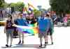 RUTH BONNEVILLE / WINNIPEG FREE PRESS
Michelle McHale and Chris Plett organizers for Steinbach Pride walk at the front of the line.