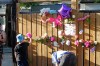 A child places a flower into the fence at the vigil for a baby found dead in a garbage bin on May 3. (Erik Pindera / Winnipeg Free Press)