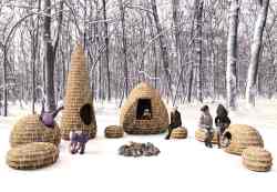 Forest Village, from Tokyo-based architects Masato Ashida and Adrian Steckeweh, is an assemblage of woven basket-like structures inspired by a Japanese storage system for daikon radish. Forest Village is one of five huts chosen this year out of 200 entries from around the world. (Supplied)