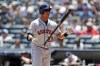 Houston Astros designated hitter Michael Brantley (23) reacts after striking out during the first inning of a baseball game against the New York Yankees, Saturday, June 25, 2022, in New York. (AP Photo/Noah K. Murray)