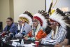 From left, Chief Desmond Bull, Chief Randy Ermineskin, Chief Wilton Littlechild and Chief Vernon Saddleback, speak about the announcement from the Vatican of the Papal visit, in Maskwacis Alta, on Monday, June 27, 2022. Leaders from four First Nations in central Alberta say the Pope's upcoming visit could help the world understand the impacts and intergenerational trauma that the residential school system inflicted on Indigenous people. THE CANADIAN PRESS/Jason Franson